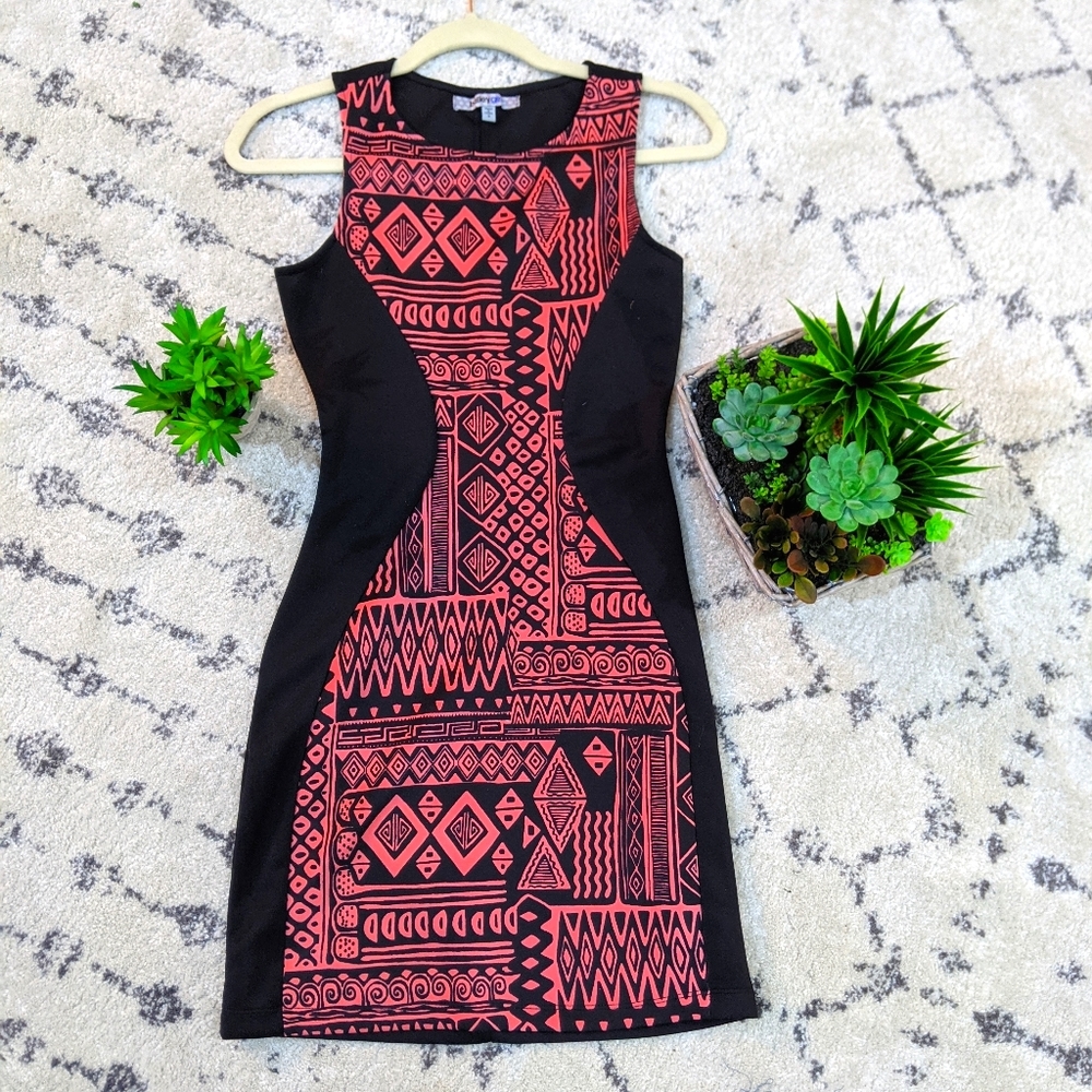 Aztec Print Tangerine Color Block Bodycon Dress